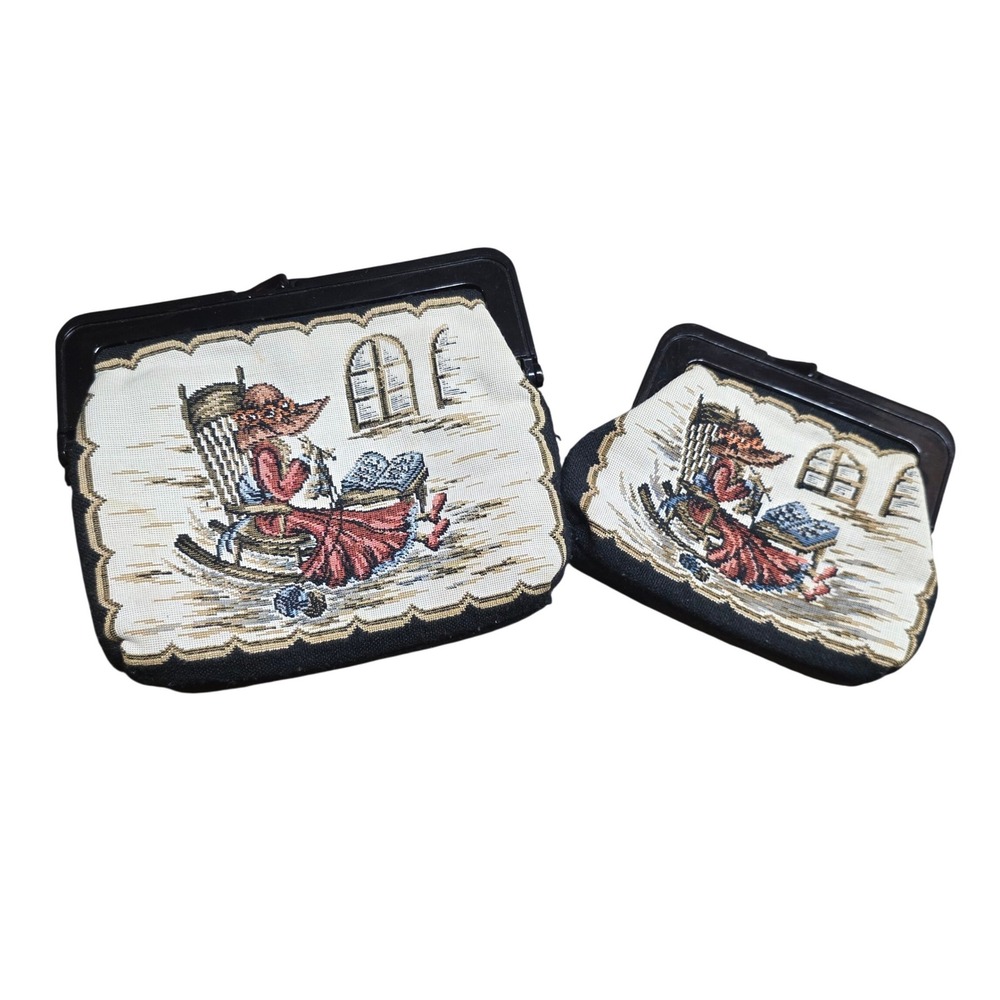 Vintage 70s Fabric Tapestry Clutch Lock Coin‎ Purse Set of 2 Black Cream Red